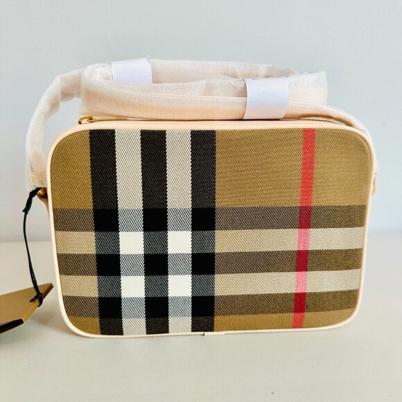 BURBERRY LONDON LARGE HOUSE CHECKS PALE CAMEO LIGHT PINK SALMON CAMERA BAG $1250 - Picture 2 of 9
